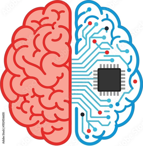 Illustration of a human brain split into two halves, one representing the organic human mind and the other the digital artificial intelligence with circuits and a microchip