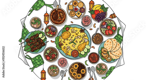 Flat lay illustration of various dishes and food items arranged in a circular pattern on a white background with a colorful and appetizing mood.