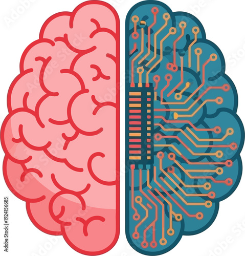 Conceptual illustration of the human brain divided into a biological hemisphere and a digital circuitry hemisphere representing the intersection of neuroscience and artificial intelligence
