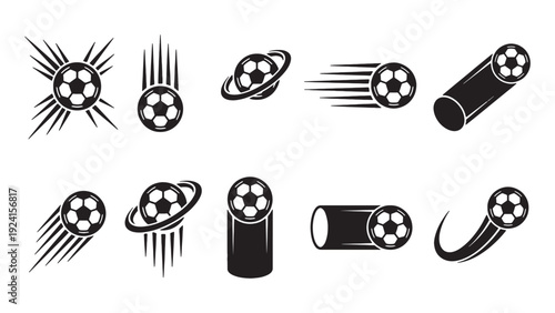 Creative Soccer Ball Icon Set with Orbit Ring and Cylinder Motion Elements for Unique Sports Branding and Graphic Design Projects