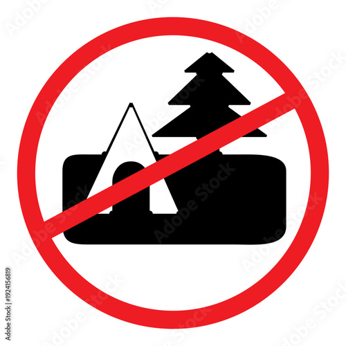 No Camping Sign with Tent and Tree Icon.