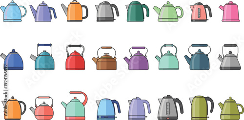 Electric Kettle and Teapot Icon Set Featuring Colorful Kitchen Appliances for Home Brewing, Tea Making, Coffee Preparation, and Vector Design