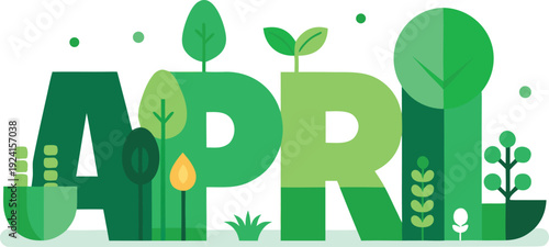 April lettering with plants isolated on transparent background, Vector, illustration