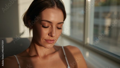 Sitting adult woman wearing camisole soaking golden light at home by large window on sofa, shadows Free Download Sitting adult woman wearing camisole soaking golden light at home by large window on sofa, shadows - GFXLoad
