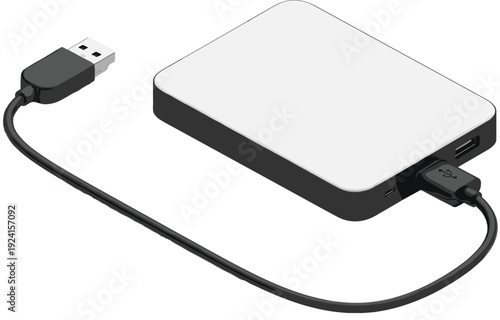 External Hard Drive with USB Cable Vector Illustration Showing Portable Data Storage Device for Backup, File Transfer, Technology Use, and Digital Security