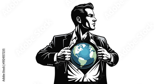 Businessman reveals planet Earth inside his chest like a superhero.