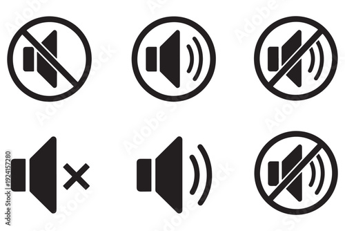 A set of six black icons depicting various speaker and sound symbols on a white background