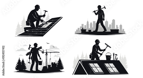 Silhouettes of construction workers performing various tasks.