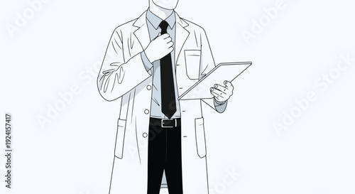 Doctor Adjusting Tie Holding Tablet Professional Attire.