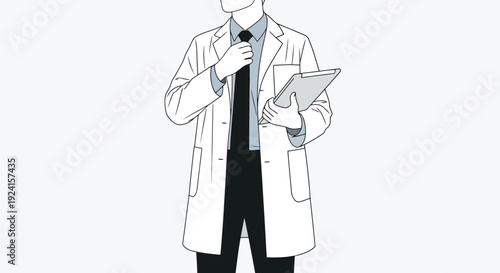 Doctor in Lab Coat Holding Tablet Adjusting Tie.