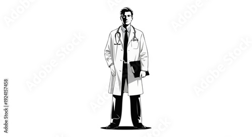 Professional Doctor Standing Confidently with Stethoscope and Clipboard.
