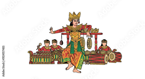 Illustration of a traditional Balinese dancer performing with a gamelan orchestra in colorful attire against a white background.