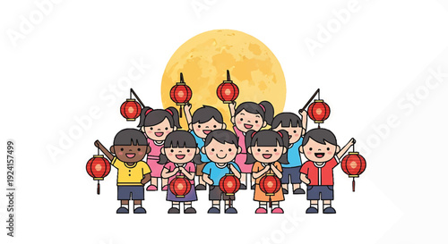 A group of diverse cartoon children standing together holding lanterns in front of a large moon.