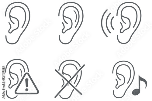 A set of ear icons representing different hearing and sound concepts on a white background