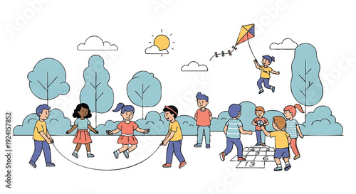Illustration of diverse children playing jump rope and flying a kite in a sunny park with trees and clouds.