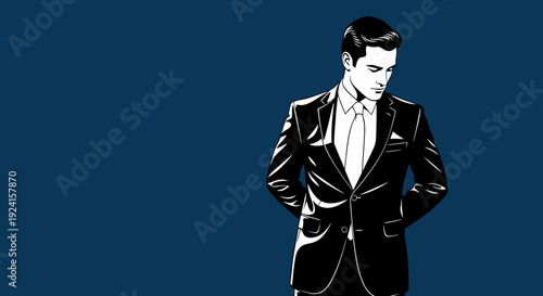 Elegant Man in Tuxedo Standing Confidently.