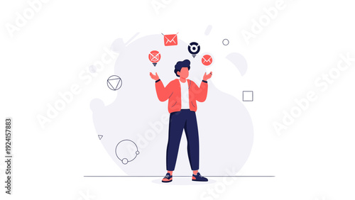 Man Juggling Icons: Email, Social Media, and Tech Symbols