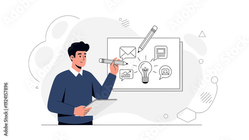 Man drawing business ideas and strategy on a whiteboard with icons