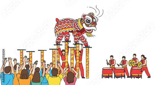Illustration of people watching a traditional lion dance performance with drummers in a colorful setting against a white background.