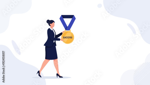 Businesswoman holding a gold medal with the word SUCCESS