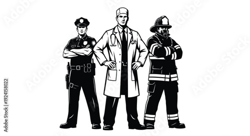 Three essential service professionals standing together.