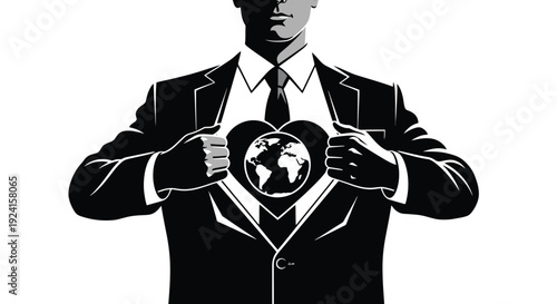 Businessman reveals heart with globe inside symbolizing global responsibility.