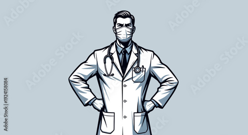 Doctor wearing a mask and stethoscope standing confidently.