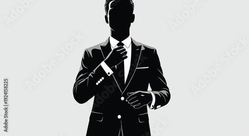 Silhouette of a man adjusting his tie in a suit.