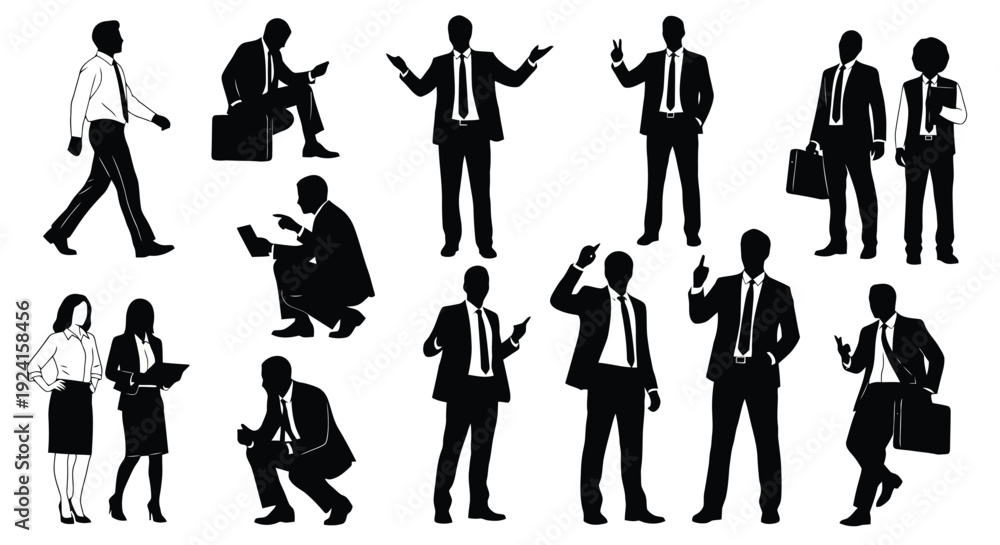 Fototapeta premium Collection of Business People Silhouettes in Various Poses.