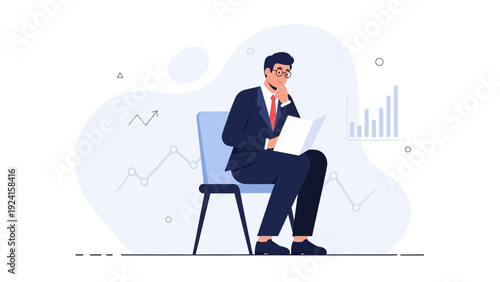 Businessman thinking with laptop, analyzing charts and graphs, business strategy concept