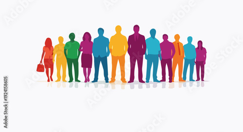 Diverse group of people standing together in colorful silhouettes.