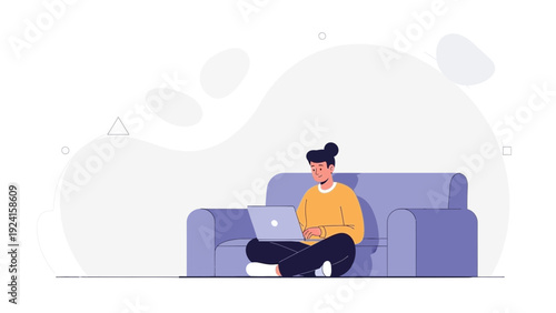 Young person working on laptop on sofa, remote work, illustration