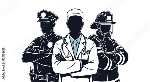 Three essential service professionals standing together united.