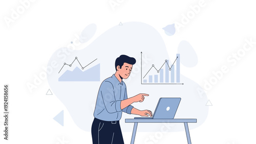 Man analyzing financial charts on laptop, business growth concept