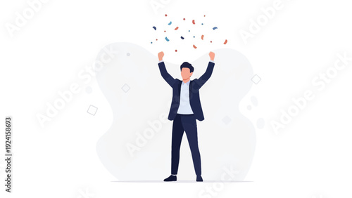 Man in Suit Celebrating with Confetti Falling Down - Success and Achievement