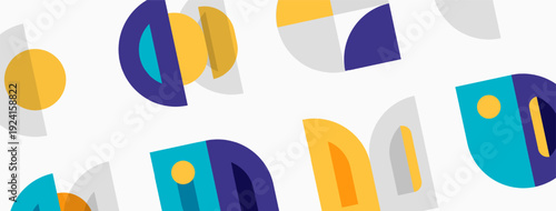 Abstract geometric pattern. Shapes overlap, creating colorful design. Modern aesthetic, simple forms, playful composition.