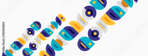 Colorful overlapping circles create abstract pattern. Shapes vary sizes, hues, angles. Design feels playful, modern.