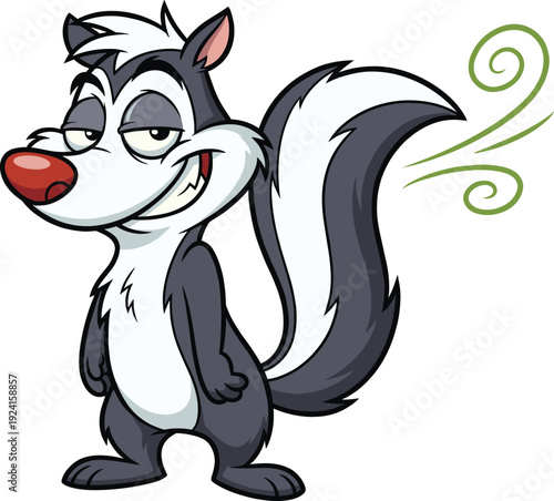 Funny cartoon skunk mascot character with smug expression and stinky tail isolated on white background for kids branding logo vector illustration design