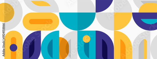 Abstract geometric pattern. Circles, arcs, rectangles create playful composition. Bright colors dominate design, evoking midcentury style.