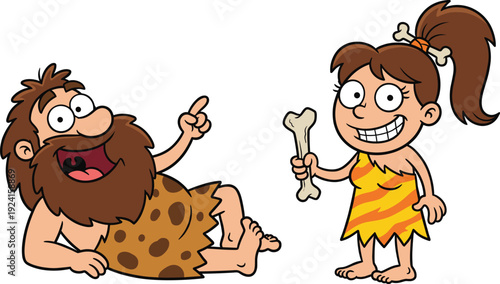 Funny cartoon caveman family characters with stone age man and woman holding bones isolated on white background for kids illustration vector design