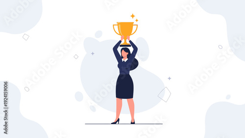 Businesswoman holding a golden trophy, celebrating success and achievement