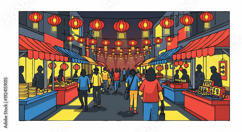 Vibrant illustration of a bustling marketplace with people walking among stalls under colorful lanterns in a lively, nighttime setting with warm tones.