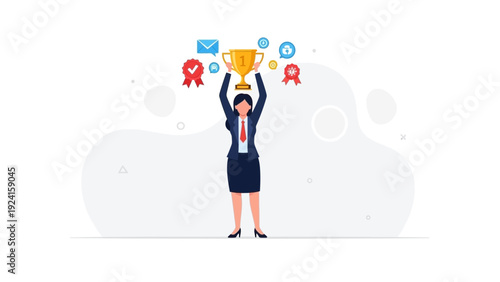 Businesswoman holding trophy, celebrating success with achievement icons and awards