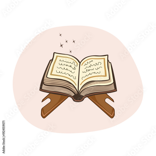 Open Quran with Stars on Wooden Stand for Ramadan and Islamic Design
