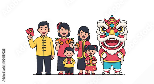 Illustration of a family in traditional Chinese clothing standing with a lion dancer on a white background, conveying a cultural festive mood.