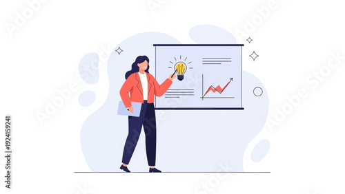 Businesswoman presenting idea with lightbulb on board, financial growth chart