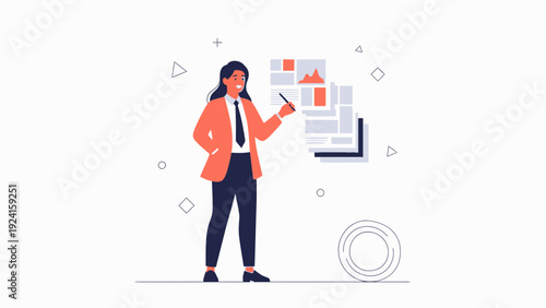 Businesswoman presenting data graphs and charts on white background