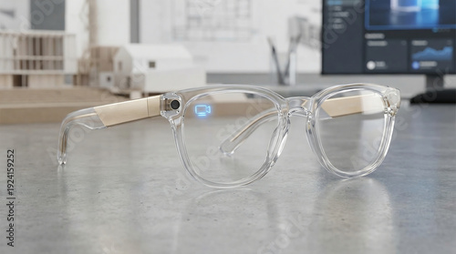 A pair of transparent smart glasses with beige temples featuring a built‑in sensor, placed on a gray surface in a design workspace.