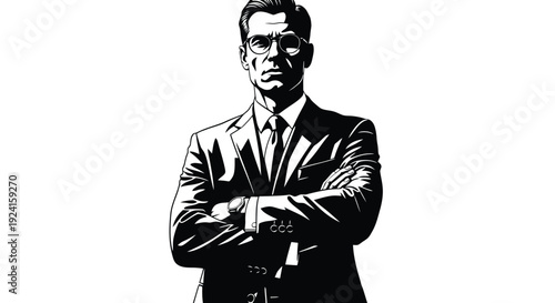 Serious Businessman Standing Confidently With Arms Crossed.