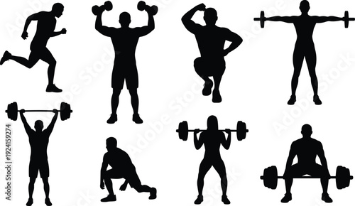 Black silhouettes of people performing various exercises and lifting weights